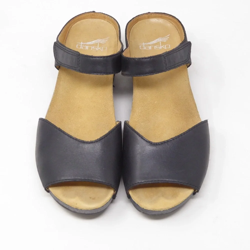 Dansko Tracy Womens Wedge Sandals Black Leather Peep Toe Comfort 36
